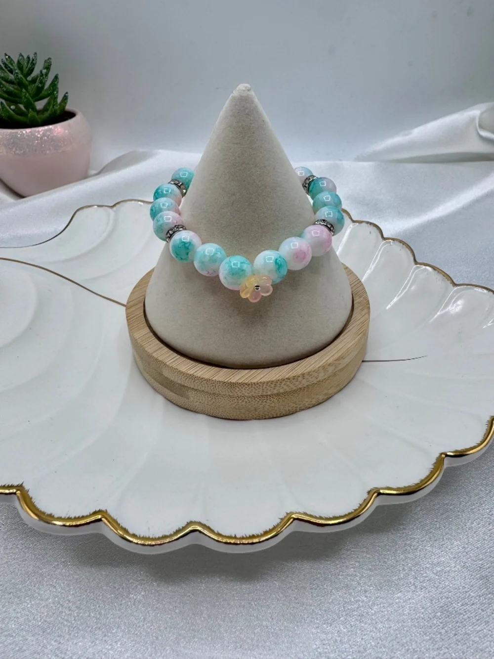 Pink & Turquoise Beaded Stretch Bracelet Set with Flower Charms | Stackable